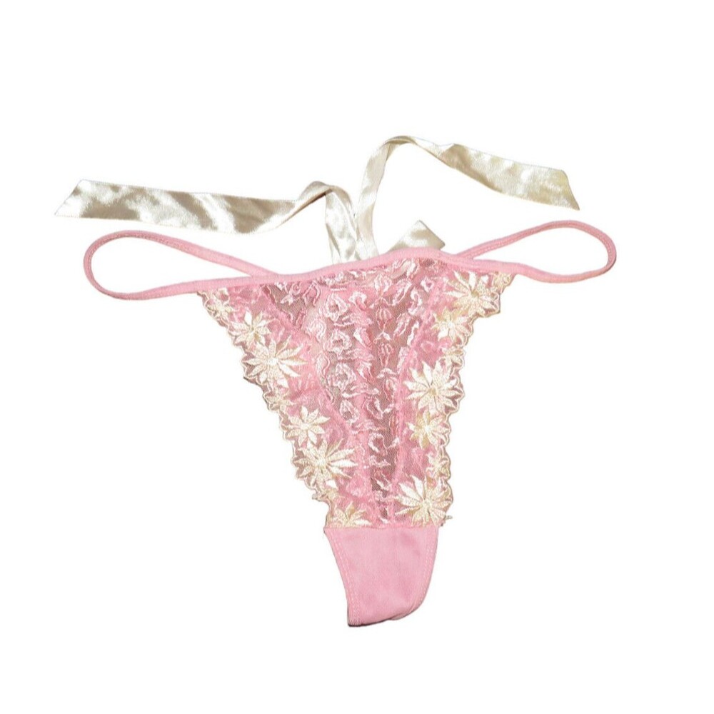 Vintage Glamour Pink Mesh Embroidered Thong Panties Satin Back Bow Size XL - Picture 12 of 14